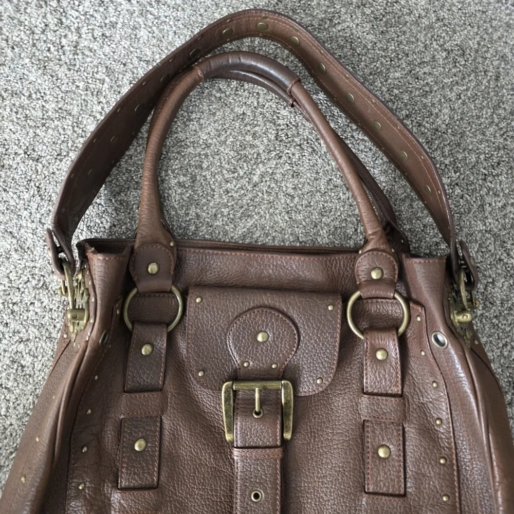 Betsey Johnson VTG Y2K Heavy Brown Leather Studded Tote Handbag Charms Large